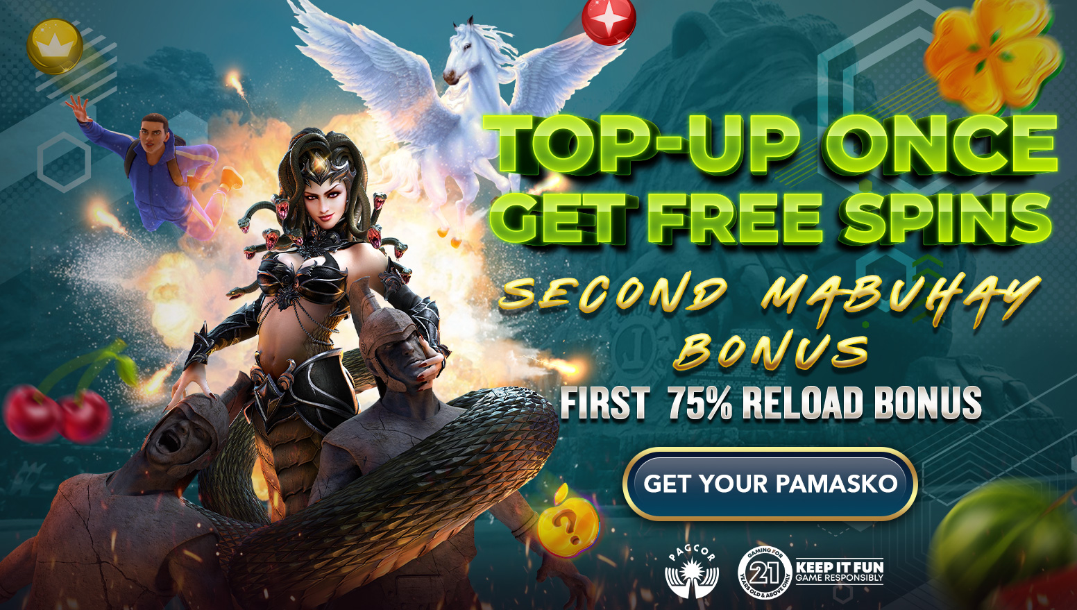 Top-up again, get more free spins.  Mag-reload sa’yong S5 account and get another 75% Mabuhay Deposit Bonus.